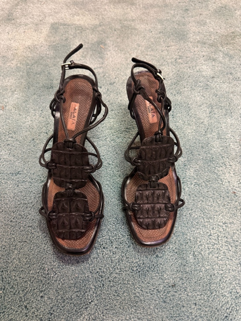 Alaia Black Croc-Textured Strappy Heeled Sandals